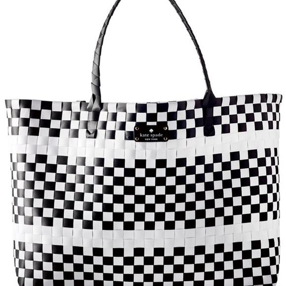Kate Spade Large Black & White Woven Beach Tote Bag, Checkered Style, - Picture 2 of 2
